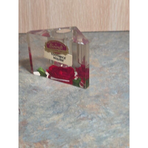 Vintage Bircraft Lucite Toothpick Holder Red Rose Original Labels - Picture 4 of 8